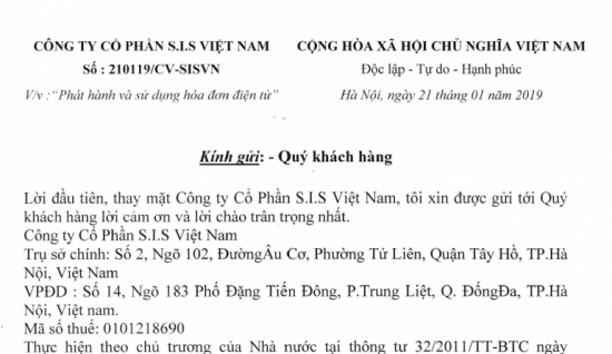 Công văn Thông báo V/v Phát hành và sử dụng hóa đơn điện tử Công ty CP S.I.S Việt Nam
