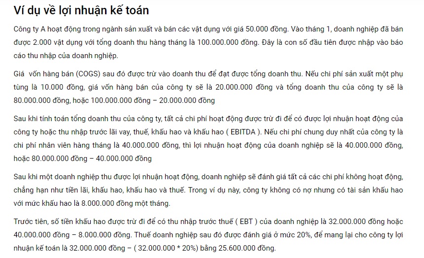Ví dụ tính lợi nhuận kế toán